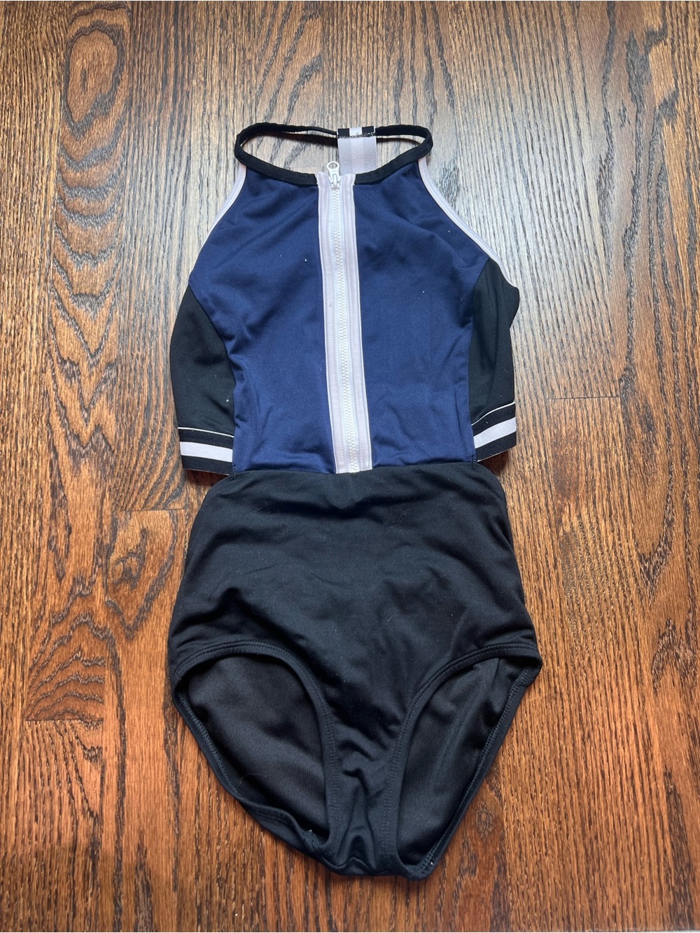Jo and Jax Navy and Black Zip-Front One-Piece Dance Leotard